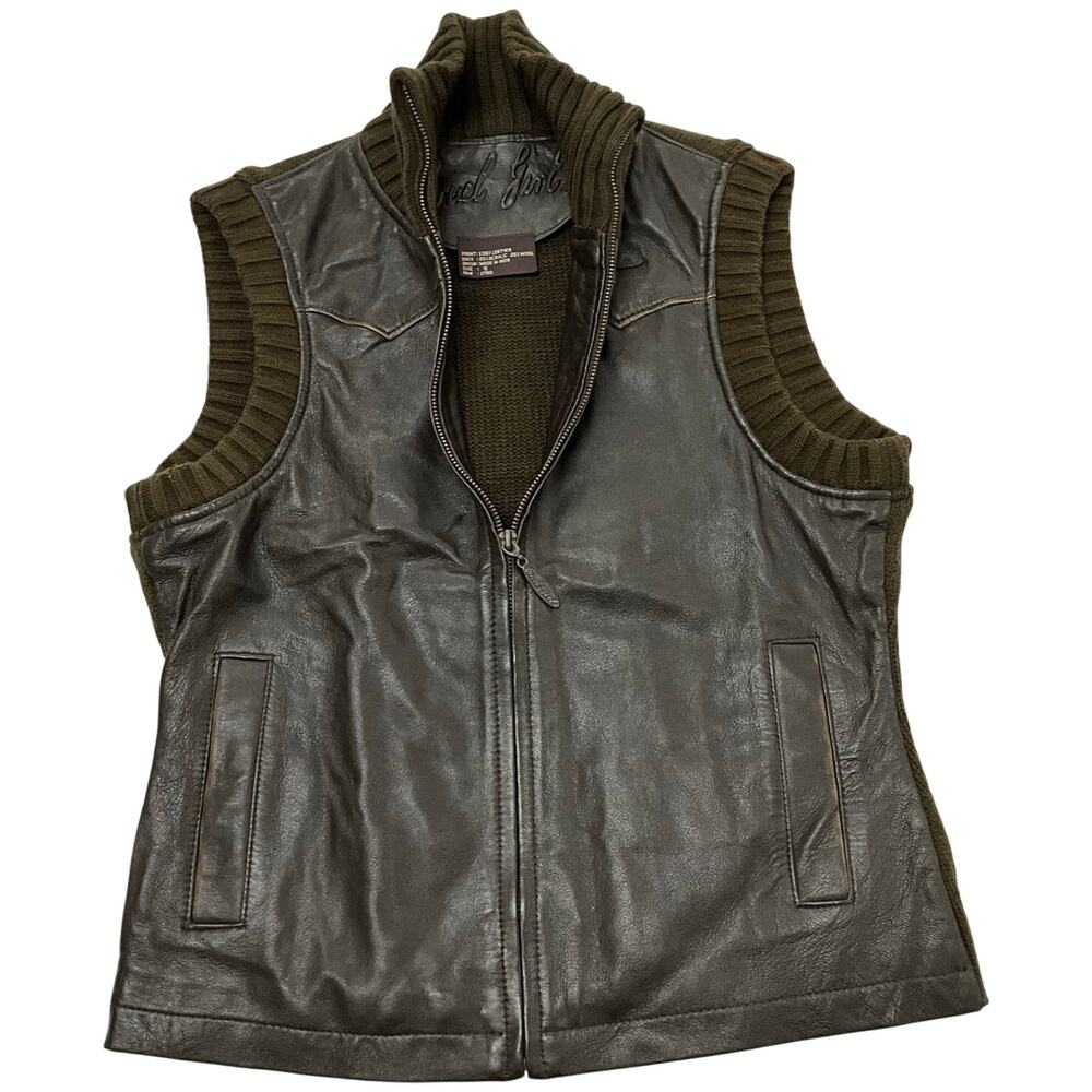 Cruel Girl S Brown Leather and Blended Wool Knit Vest with Pockets Western Yoke